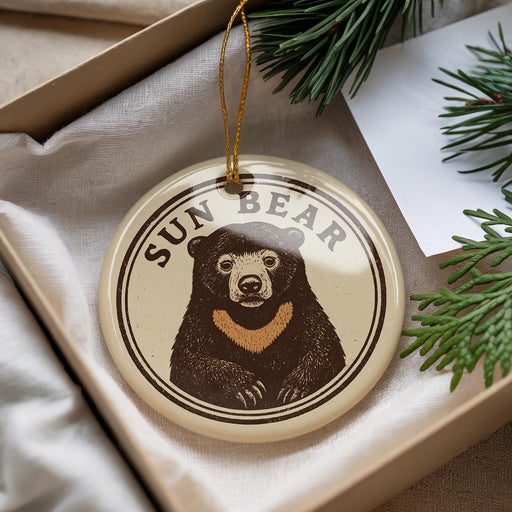 A round ornament featuring a bear image is placed in a box with pine branches.