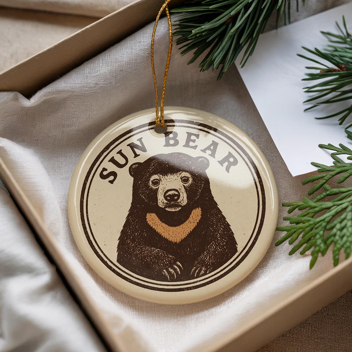 A round ornament featuring a bear image is placed in a box with pine branches.