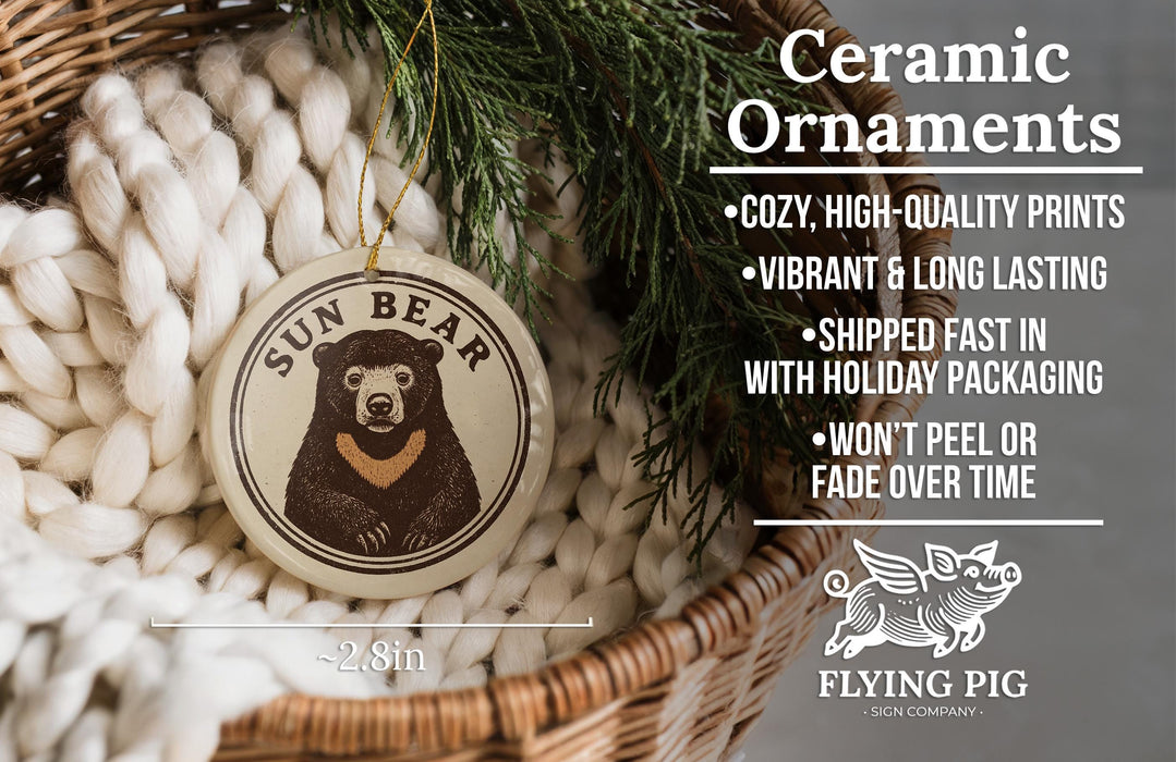 Ceramic ornaments featuring a bear image, with text describing the ornaments as "cozy, high-quality prints, vibrant and long lasting, shipped fast in with holiday packaging, won't peel or fade over time".