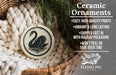 Ceramic ornaments, featuring a ceramic swan design, are displayed in a wicker basket.