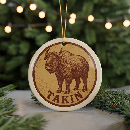 A circular ornament featuring a brown buffalo with horns, surrounded by a brown border and the word "Takin" written in a bold, brown font.