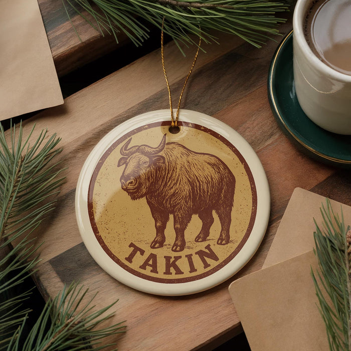 A circular ornament featuring a bison illustration and the word "Takin" on a wooden surface, surrounded by pine branches and a cup of coffee.