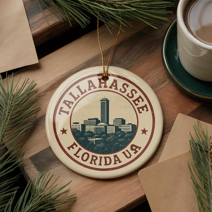 A circular ornament with the text "TALLAHASSE FLORIDAUA" and a graphic of a city skyline, hanging on a branch with pine needles.