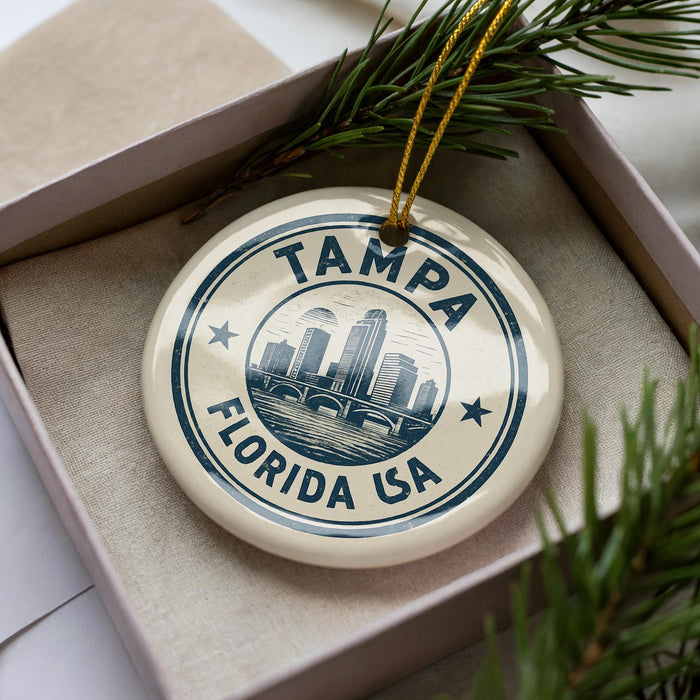 A circular ornament with the text "TAMPA FLORIDA USA" printed on it, surrounded by pine branches.