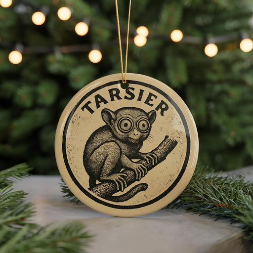 A circular ornament featuring a monkey sitting on a branch, with the word "TARSIER" written around the edge.