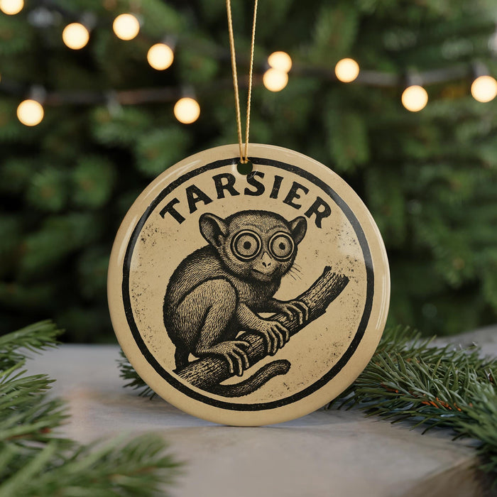 A circular ornament featuring a monkey sitting on a branch, with the word "TARSIER" written around the edge.