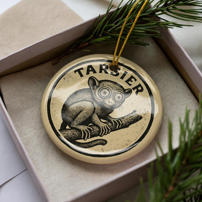 A circular ornament with a monkey sitting on a branch, surrounded by greenery and a string.