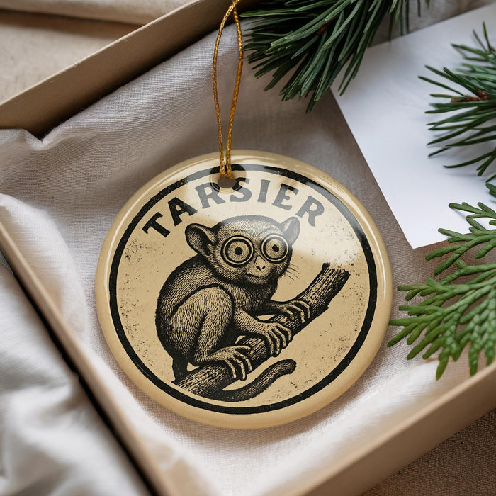 A circular ornament with a monkey sitting on a branch, surrounded by greenery.