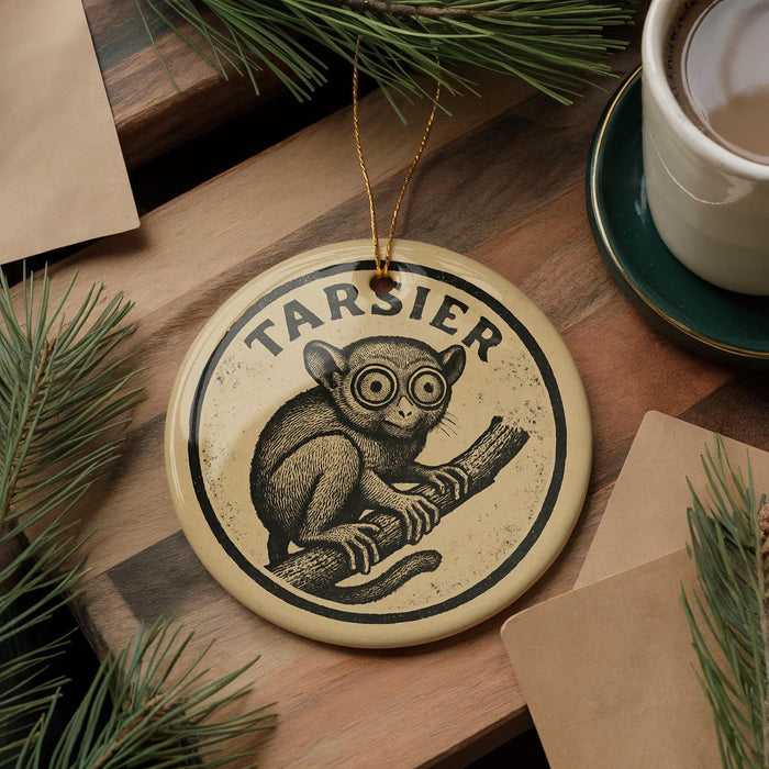 A circular ornament featuring a monkey with large eyes, hanging on a wooden surface next to a cup of coffee and some pine branches.