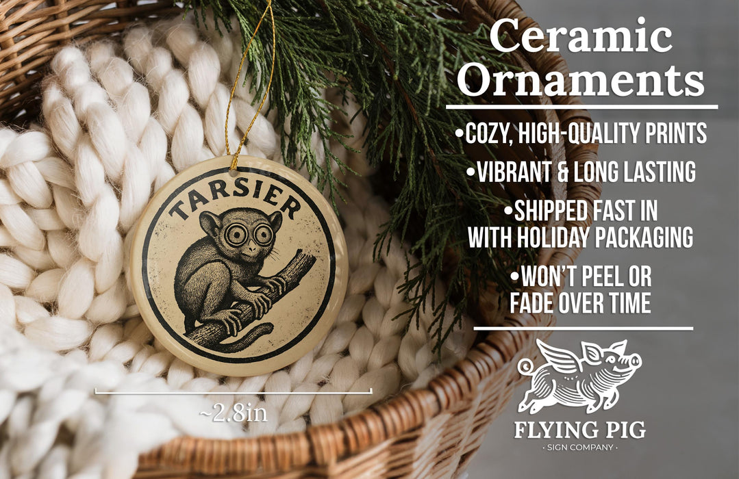 Ceramic ornaments, featuring a ceramic ornament with a design of a small monkey or tarsier, hanging from a wicker basket.