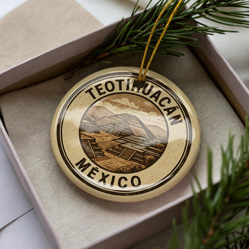 A circular ornament with the text "TEOTÍUACÁN MEXICO" printed on it, surrounded by pine branches.