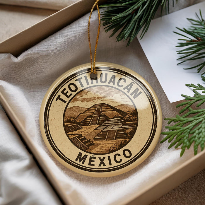A decorative ornament with the text "TEOTIUACAN MEXICO" printed on it, hanging from a string. The ornament is placed on a white surface, with some greenery visible in the background.