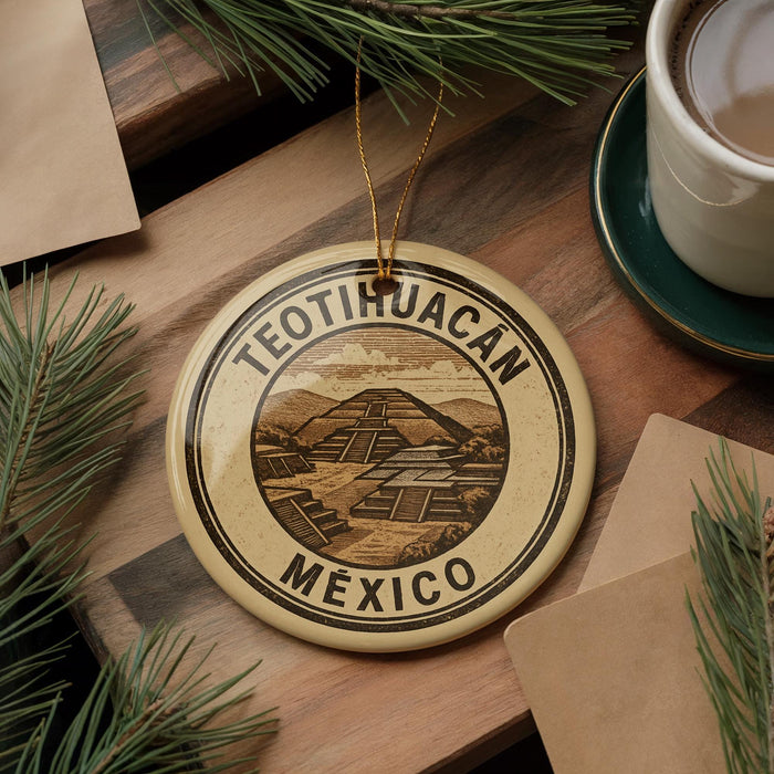 A circular ornament with the text "TEOTIHUACAN MEXICO" printed on it, surrounded by pine branches and a cup of coffee on a wooden surface.