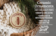 a ceramic ornament with a red and white design, hanging from a wicker basket. The ornament has a red and white design with a red and white ant and the word "TERMITE" written on it. The ornament is described as a "Ceramic Ornaments" and is made of ceramic material.