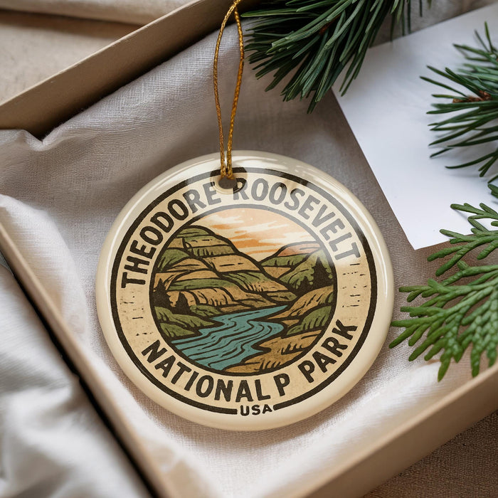 A round ornament with a design of Theodore Roosevelt National Park, featuring a mountain landscape and a river, is displayed in a box with pine branches.