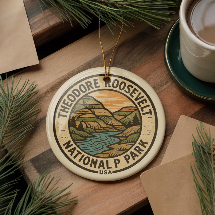 A circular ornament with the text "THEODORE ROOSEVELT NATIONAL PARK USA" is displayed on a wooden surface, surrounded by pine branches and a cup of coffee.