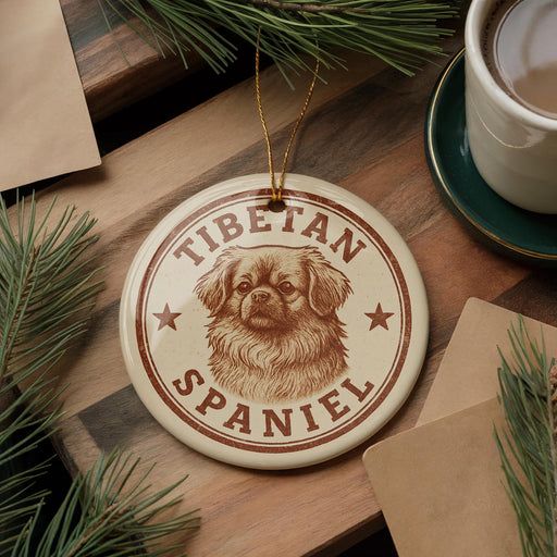 A Tibetan Spaniel ornament is displayed on a wooden surface, surrounded by pine branches and a cup of coffee.