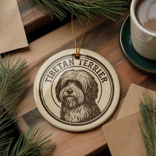A Tibetan Terrier ornament is displayed on a wooden surface, surrounded by pine branches and a cup of coffee.