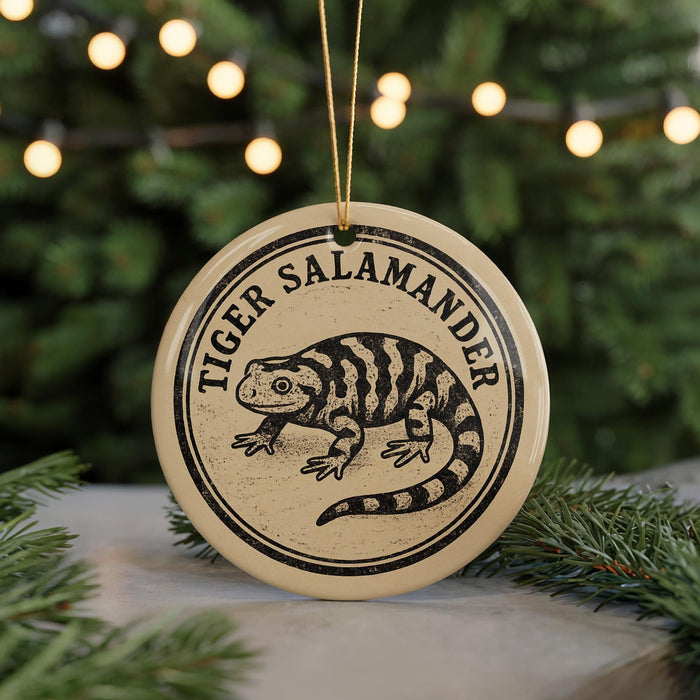 A round ornament featuring a tiger salamander illustration, with the text "TIGER SALAMANDER" around the edge.