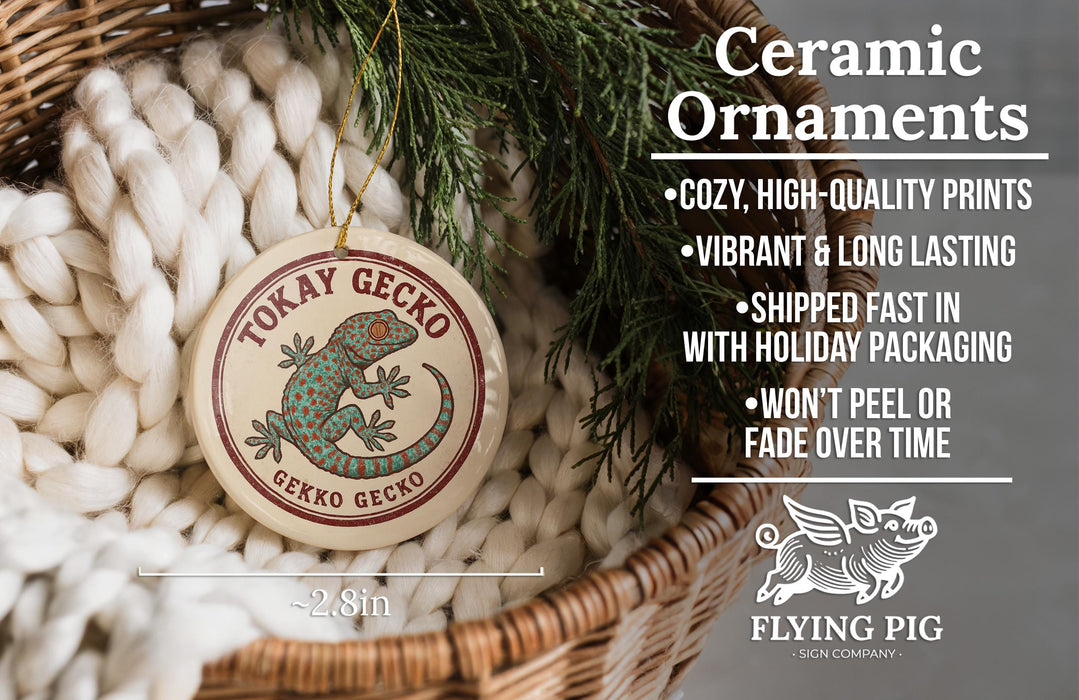 Ceramic ornaments, specifically a ceramic gecko ornament, are displayed in a wicker basket.