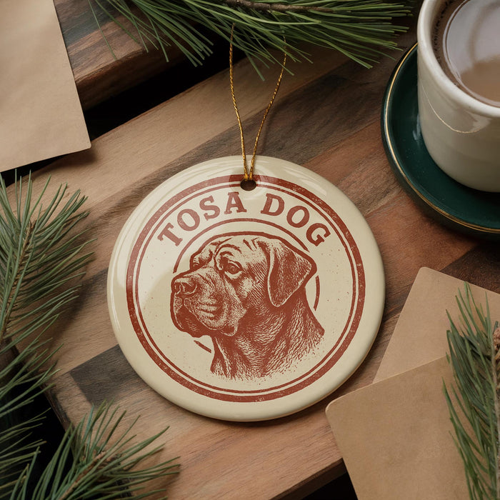 A round ornament with a dog's head and the text "TOSA DOG" is displayed on a wooden surface, surrounded by pine branches and a cup of coffee.