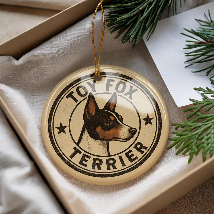 A round ornament with a dog's head and the text "TOY FOX TERRIER" printed on it, hanging from a string.