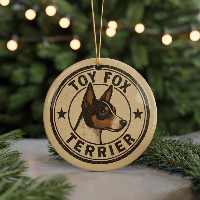 A round ornament featuring a toy fox terrier dog, with the text "TOY FOX TERRIER" printed on it.