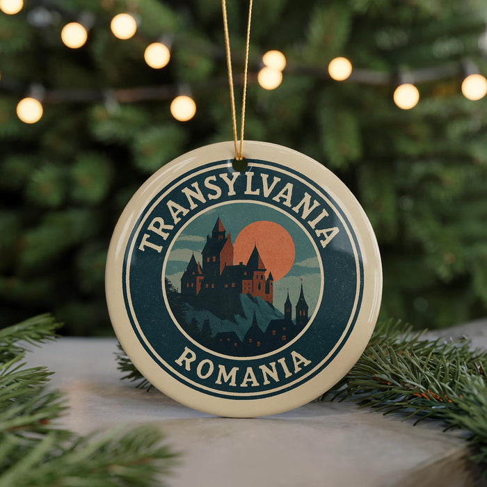 A circular ornament with the text "TRANSYLVANIA ROMANIA" and an illustration of a castle on a hill, surrounded by Christmas lights.