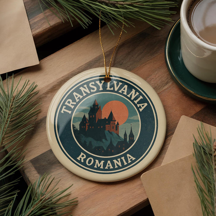 A circular ornament with the text "TRANSYLVANIA ROMANIA" and a graphic of a castle or palace, hanging on a wooden surface with pine branches and a cup of coffee nearby.