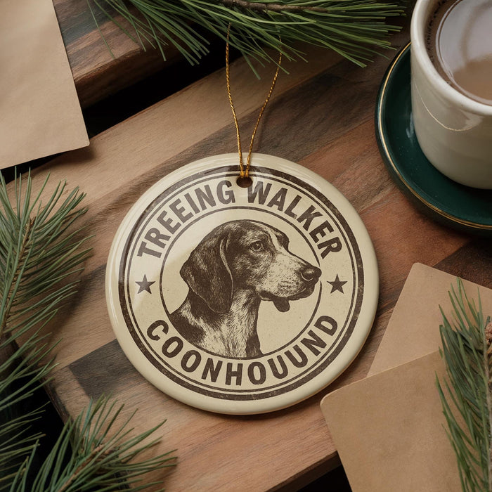 A circular ornament with a dog's head and the text "TREEING WALKER COONHOUOUND" is displayed on a wooden surface, surrounded by pine branches and a cup of coffee.