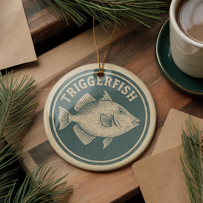 a circular ornament with a fish design, hanging on a wooden surface. The ornament has the text "TRIGGERFISH" written on it.