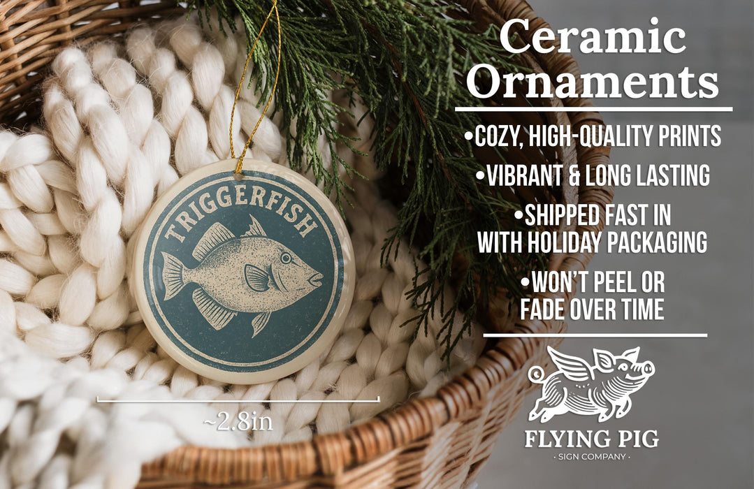 a ceramic ornament in a basket, with a text overlay providing information about the ornament.