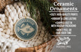 a ceramic ornament in a basket, with a text overlay providing information about the ornament.