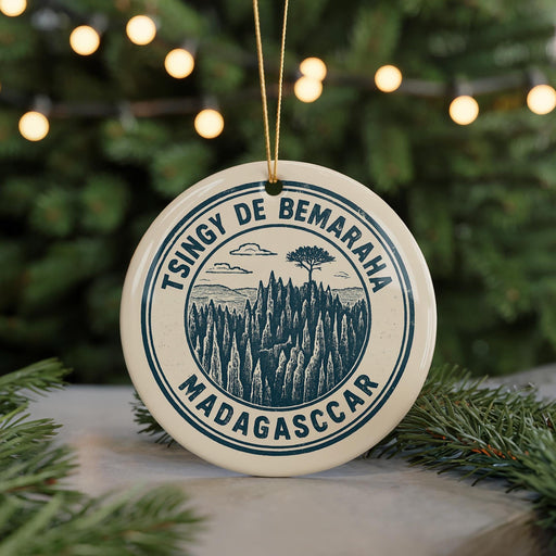 A circular ornament with a graphic design featuring a mountain landscape and the text "Tsingy de Bemaraha Madagascar" is displayed on a table with pine branches in the background.