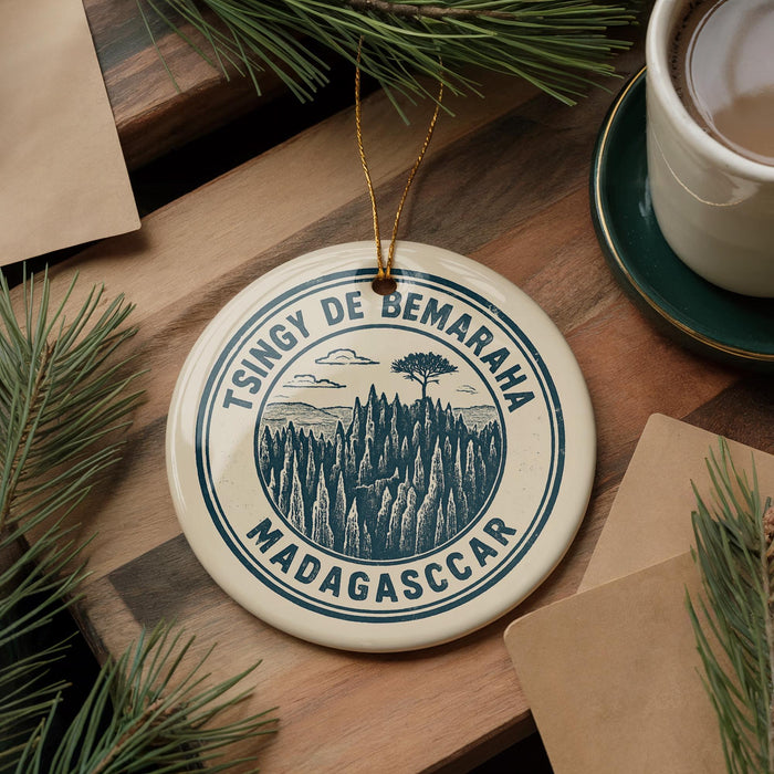 A circular ornament with the text "TSINGY DE BEMARAH" and "MADAGASCAR" printed on it, surrounded by pine branches and a cup of coffee on a wooden surface.