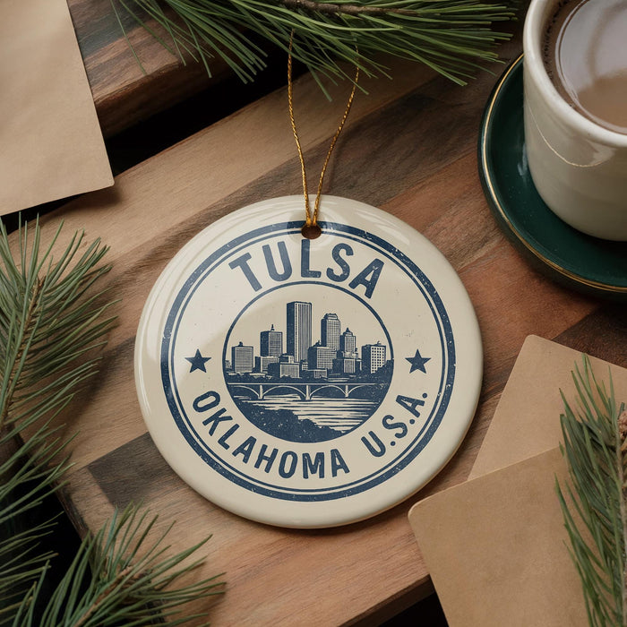 A circular ornament with the text "TULSA OKLAHOMA USA" and a graphic of a city skyline, hanging from a string. The ornament is placed on a wooden surface, surrounded by pine branches and a cup of coffee.