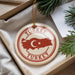 A circular ornament with the word "TURKEY" and a map of Turkey, hanging from a string.