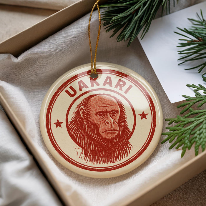 A round ornament with a red and white design featuring a monkey's face, hanging from a string.