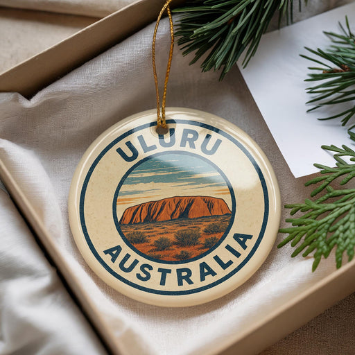 A circular ornament with the text "ULURU AUSTRALIA" and an illustration of Uluru, a famous rock formation in Australia.