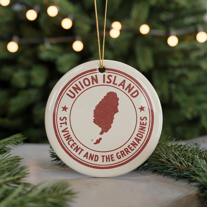 A white ornament with a red border and a map of Saint Vincent and the Grenadines, along with the text "UNION ISLAND ST. VINCENT AND THE GRENADINES".