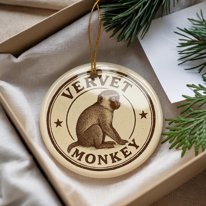 A round ornament with the text "VERVET MONKEY" and an illustration of a monkey sitting on a branch.