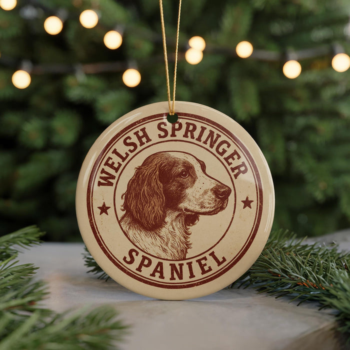 A circular ornament featuring a spaniel dog's head, with the text "WELSH SPRINGER SPANIEL" printed on it, hanging from a string.