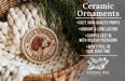 Ceramic ornaments, specifically a Welsh Springer Spaniel ornament, are displayed in a wicker basket. The ornament features a dog's head and the text "Welsh Springer Spaniel" on it. The image also includes text describing the ornament's features, such as being cozy, high-quality, and shipped fast.