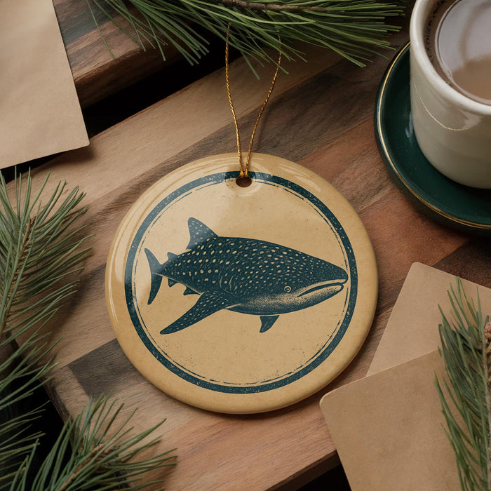 a round ornament with a blue and white design depicting a fish, placed on a wooden surface next to a cup of coffee and some pine branches.