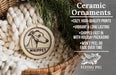Ceramic ornaments featuring a dog's head and the word "WHIPPET" are displayed in a wicker basket, accompanied by text highlighting the ornaments' features.