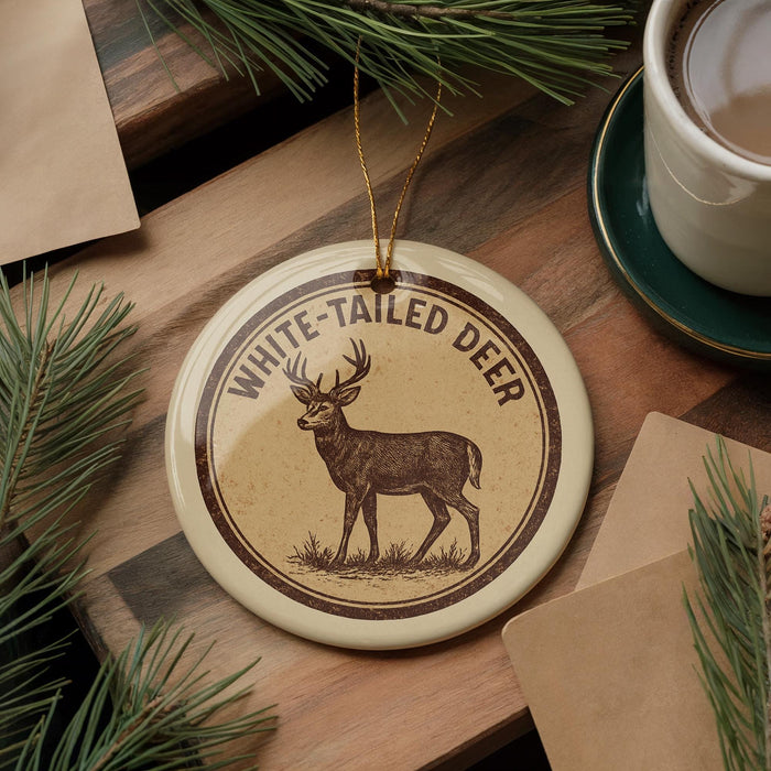 a decorative ornament with a deer illustration, placed on a wooden surface alongside a cup of coffee and some pine branches.