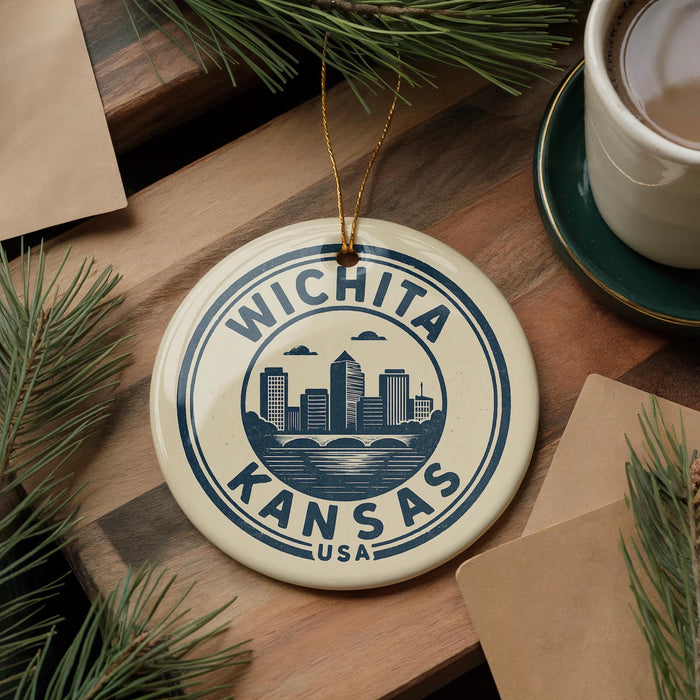 A decorative ornament with the text "WICHITA KANSAS USA" on it, featuring a cityscape design, is displayed on a wooden surface alongside a cup of coffee and some pine branches.