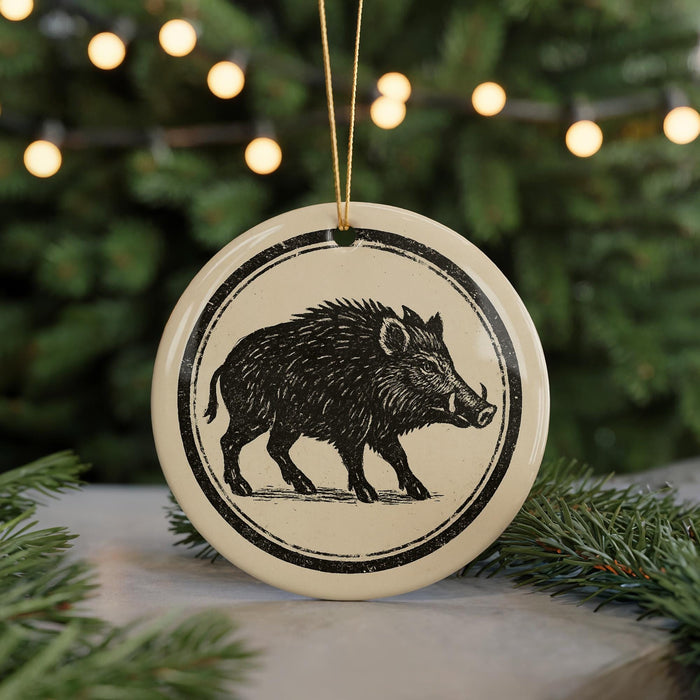 A round ornament featuring a black and white illustration of a wild boar is displayed in front of a blurred background of Christmas lights.