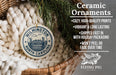 Ceramic ornaments, featuring a Wilmington, North Carolina seal, are displayed in a wicker basket. The text highlights the ornaments as "Ceramic Ornaments" with a focus on their quality, durability, and ease of shipping.