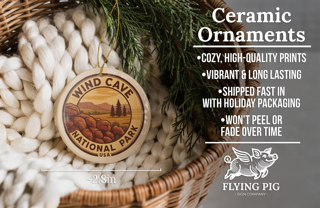 Ceramic ornaments, featuring a Wind Cave National Park ornament, are displayed in a woven basket.